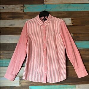 Tommy Hilfiger Pink Striped Button Down with Varsity H Patch Preppy | Size L